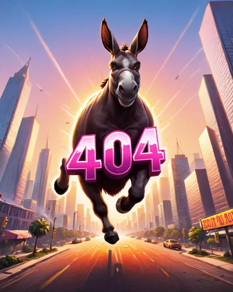 <lora:Harrlogos_v1.1:1>   <lora:404ra_v4.0.4:1>, 404 text logo, GTA-style artwork concept art, POV shot of a hefty donkey, jumping in a cityscape, Hyperpop, glimmering transformation, 4K, <lora:Pavel_Sokov:0.8> painting, pavel, sokov. Satirical, exaggerate...