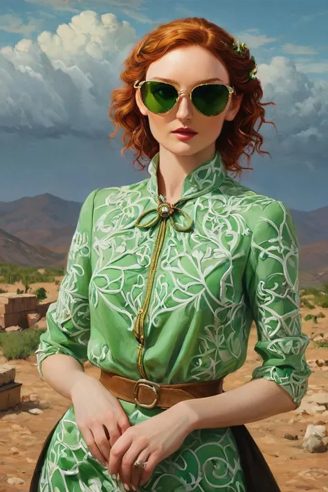 breathtaking, cans, geometric patterns, dynamic pose, Eclectic, colorful, sunglasses and outfit, full body portrait, portrait, best quality,close up of a 1800S Exhausted petite Businessperson (Eleanor Tomlinson:1.3) , Eleanor Tomlinson is dressed in Headba...