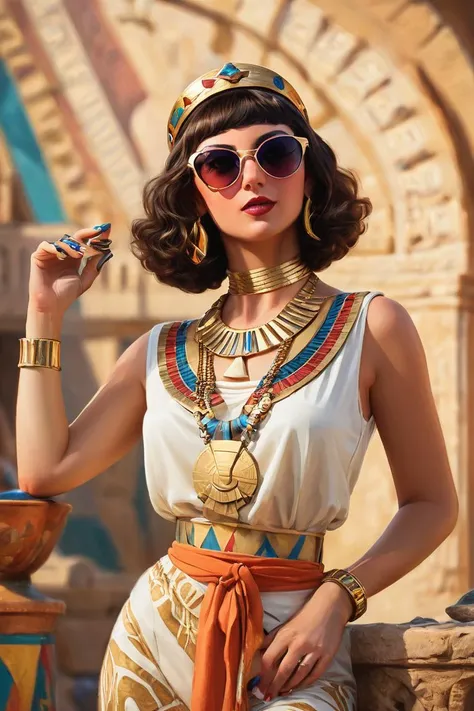 breathtaking, cans, geometric patterns, dynamic pose, Eclectic, colorful, sunglasses and outfit, full body portrait, portrait,close up of a Nerdy broad-shouldered (Cleopatra:1.2) , she is embarresed, Gondolier, surreal, Bokeh, Proud, Bardcore, Lens Flare, ...