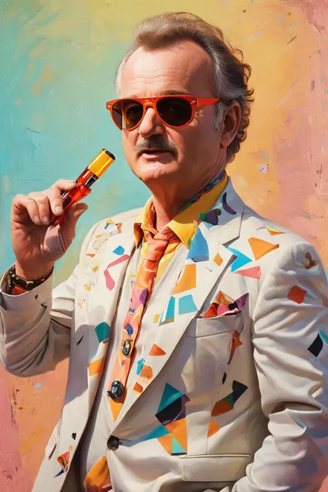 breathtaking, cans, geometric patterns, dynamic pose, Eclectic, colorful, sunglasses and outfit, full body portrait, portrait,close up of a (Bill Murray:1.1) , very fearful, Colorful and Neutral background, Nihilcore, Lens Flare, <lora:Pavel_Sokov:0.8> pai...