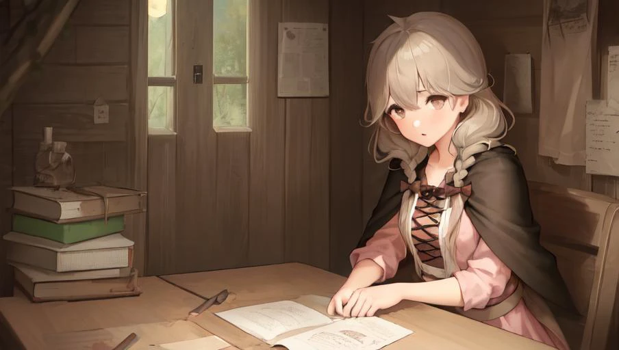 (1girl:1.4), absurdres, light brown hair, (double braided hair:1.3), light pink dress, brown capelet, brown detailed shiny eyes, looking at viewer, low table, books piled on table, messy paper, quill, ink, wonder, indoor, log cabin with walls made from log...