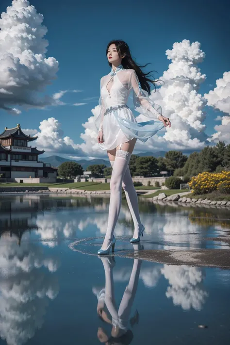 ltra-detailed,highly detailed,best quality,masterpiece,illustration,realistic,
mirror of the sky, reflection, different reflection,
1girl, chinese clothes, black hair,  solo, long hair,high heels,guqinghan,white thighhighs, 
walking, looking afar,
flower, ...