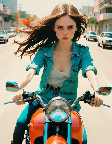 arafed woman riding a motorcycle down a street with cars