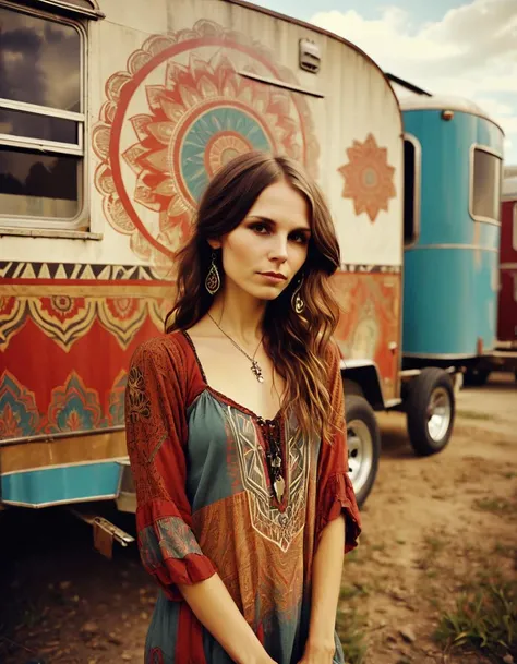 an unfiltered photograph by Shepard Fairey of a bohemian woman looking like jaynexl4 next to a bohemian trailer, boheamian atmostphere