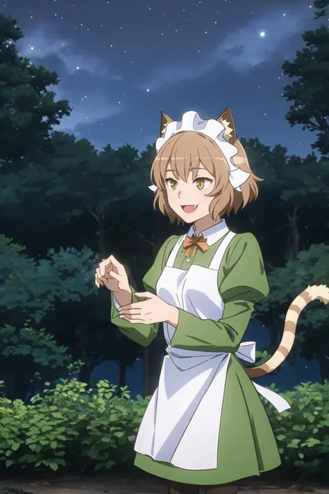 (masterpiece, best quality:1.2), anya fromel, maid headdress, cat ears, green dress, white apron, light smile, fang, <lora:anyafromel-nvwls-v1:0.9>, nature, night sky, forest, cat tail, pantyhose,