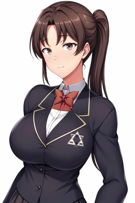 a woman in a school uniform with a bow tie