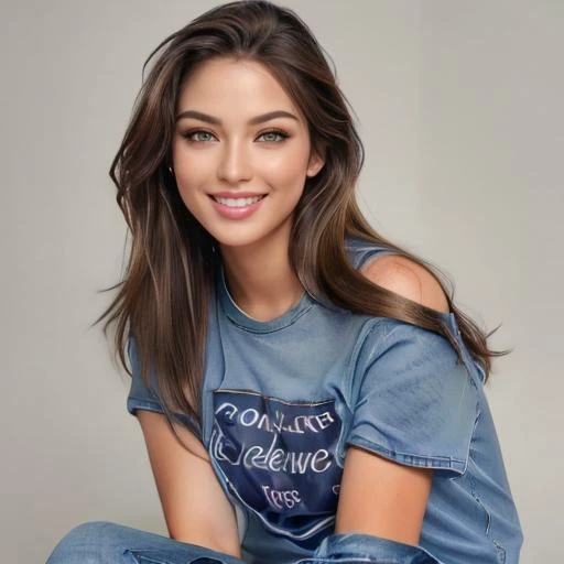 a woman in a blue shirt and jeans sitting on a stool