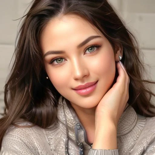 (((a woman wearing a pullover :1.2, full body:1.4))<lora:ValentinaMaiskayaV3Lora:0.8> 1girl, blue eyes, brown hair, dress, grin, lips, looking at viewer, realistic, smile, solo, teeth, upper body, high detail skin, high detail eyes, high detail hair, highr...