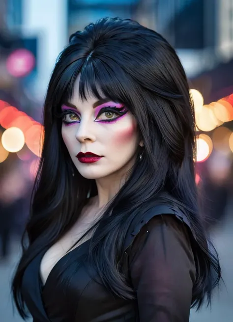 a close up of a woman with long black hair and purple makeup