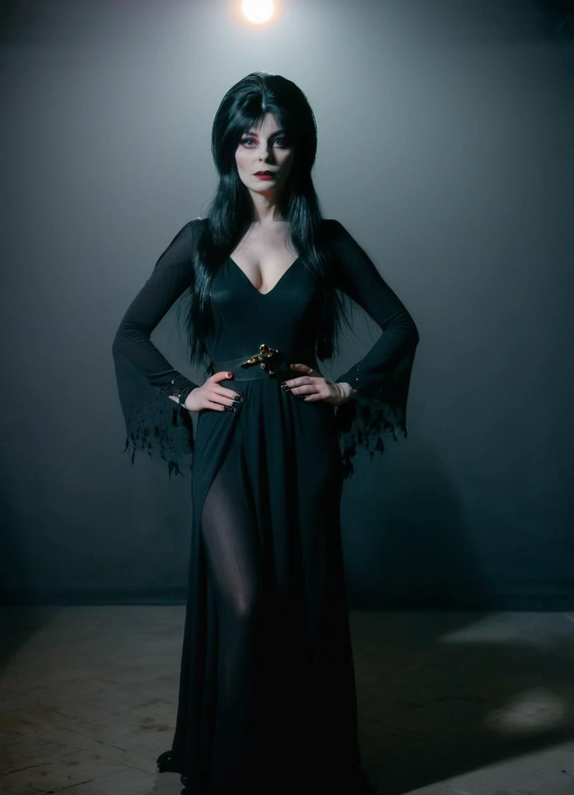 3lv1r4 , vibrant and realistic photo of a young 3lv1r4 woman in a long black dress with black hair, standing in the spotlight in a dark room, spooky, fog, mysterious setting,
<lora:3lv1r4SDXLv2:0.9>