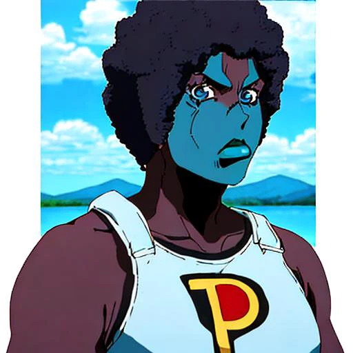 stoneocean, 1man, man, fat, gut, aqua blue eyes, black hair, dark skin, solo, aqua blue lipstick, giant afro, topless, swim suit, 8k, featured on artstation,