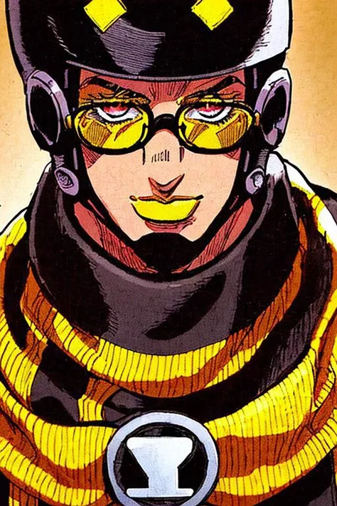 StoneOcean, solo, 1boy, male focus,  thin round glasses, black  curly short hair,  deep of field, portrait, light smile, man wearing brown dark jacket with gold ornement and a white scarf and a white cap, stand pose, jojo pose