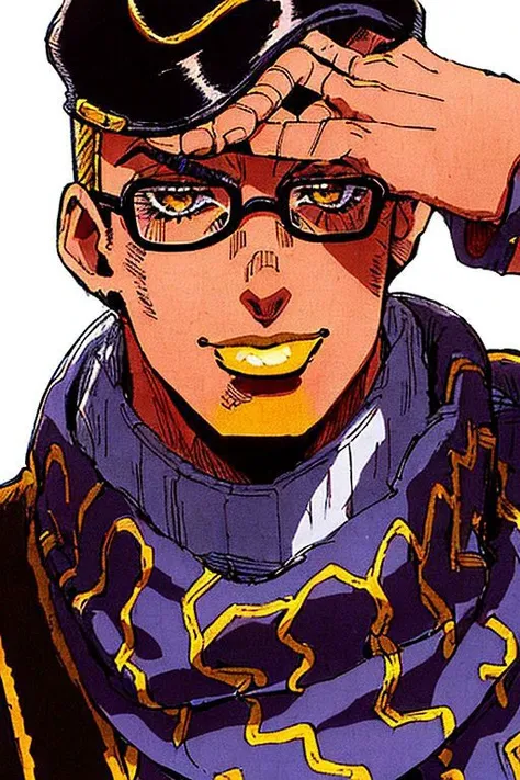 StoneOcean, solo, 1boy, male focus,  thin round glasses, black  curly short hair,  deep of field, portrait, light smile, man wearing brown dark jacket with gold ornement and a white scarf and a white cap, stand pose, jojo pose