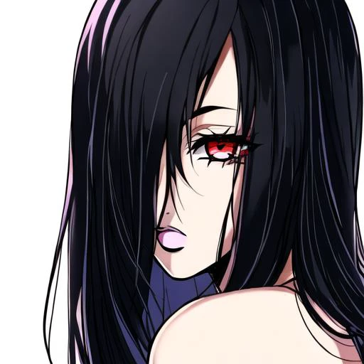 a close up of a woman with long black hair and red eyes