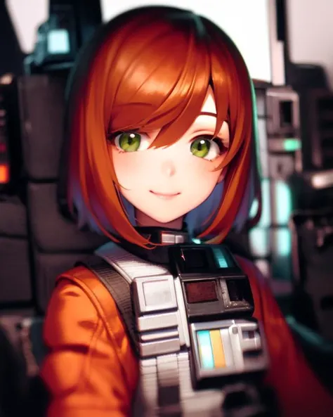 (masterpiece), (best quality), <lora:SakuraVRC:0.6> SakuraVRC, 1girl, solo, short hair, red hair, green eyes, smile, closed mouth,  in rebel pilot suit, cockpit view, close-up, portrait,   <lora:starWarsRebelPilotSuit_v02:1>