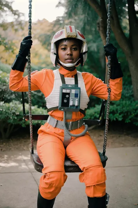 a woman in an orange outfit is sitting on a swing