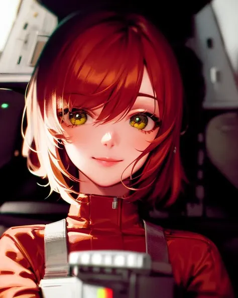 (masterpiece), (best quality), <lora:SakuraVRC:0.6> SakuraVRC, 1girl, solo, short hair, red hair, green eyes, smile, closed mouth,  in rebel pilot suit, cockpit view, close-up, portrait,   <lora:starWarsRebelPilotSuit_v02:1>