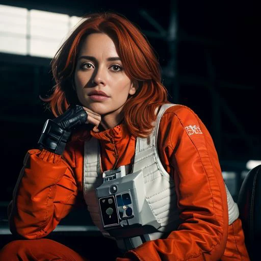 red haired woman sitting in rebel pilot suit<lora:rebelpilotsuit:1>,in airforce hangar, photorealistic, photo, masterpiece, realistic, realism, photorealism, high contrast, photorealistic digital art trending on Artstation 8k HD high definition detailed re...