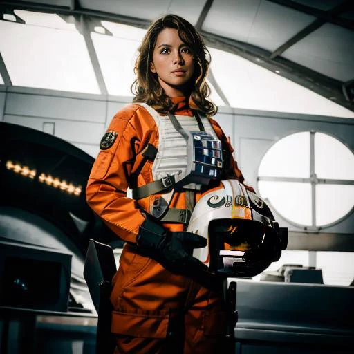 a woman in an orange space suit holding a helmet