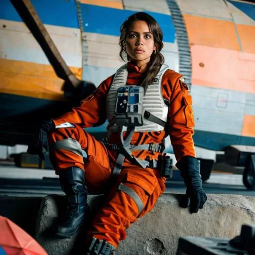 arafed woman in orange space suit sitting on a ledge next to a plane