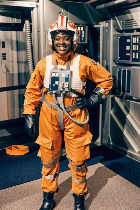 olderblack woman in rebel pilot suit,wearing helmet,smiling,in a space station,machinery,technology,intricate details<lora:RPSV3:0.8>