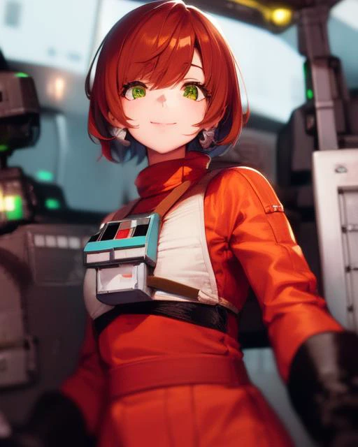 (masterpiece), (best quality), <lora:SakuraVRC:0.6> SakuraVRC, 1girl, solo, short hair, red hair, green eyes, smile, closed mouth,  in rebel pilot suit, cockpit view,  <lora:starWarsRebelPilotSuit_v02:1>