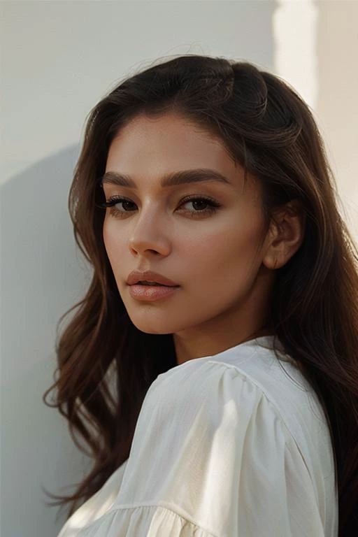 a woman with long hair and a white shirt posing for a picture