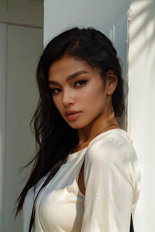 a close up of a woman with long hair wearing a white top