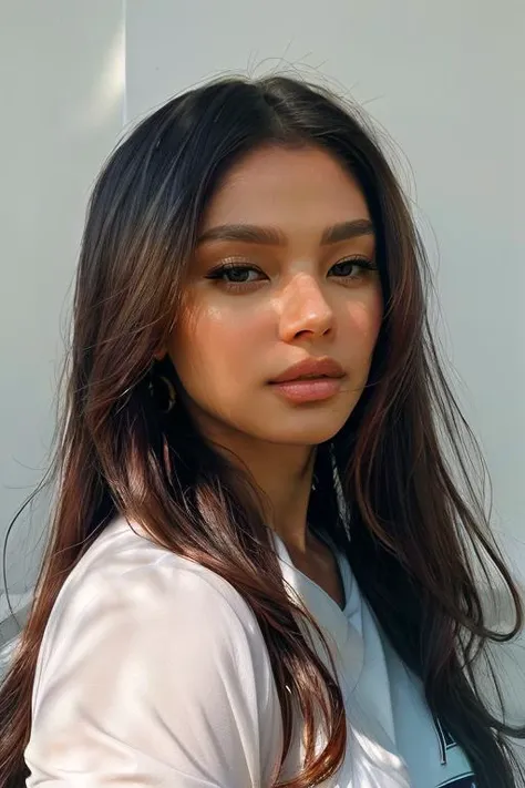 a close up of a woman with long hair wearing a white shirt