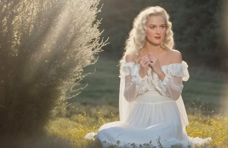 a close up of a woman in a white dress sitting in a field