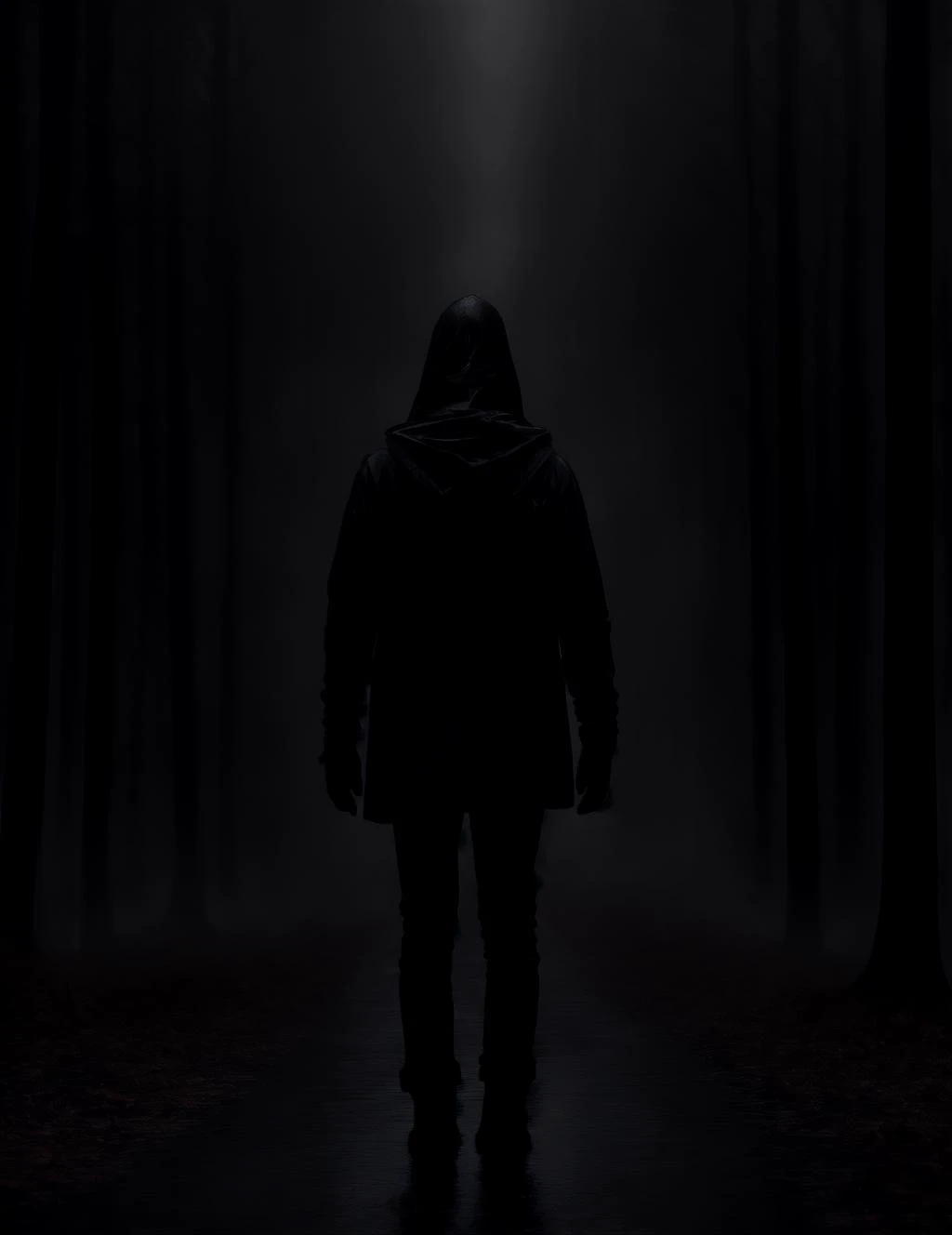 a man in a hoodie walking through a dark forest