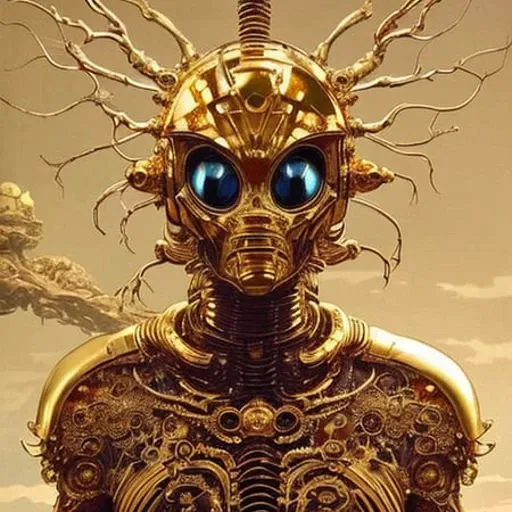 portrait of alien creature that looks like (octopus:human:0.5), cosmonaut helmet, cybernetic helmet, (golden details:1.7), piercing eyes,powerful figure, striking appearance, intricate tattoos, scars, hooded robe, hides their face, only their eyes visible ...