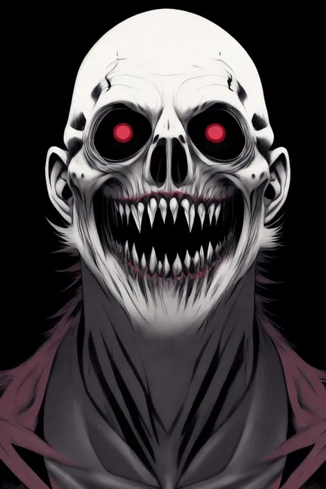 a close up of a person with a creepy face and red eyes