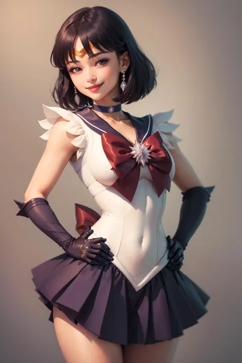 (masterpiece, best quality:1.2), <lora:sailormoon_sailorsaturn-10:1>, solo, 1girl, sailor saturn, magical girl, smile, closed mouth, looking at viewer, hand on hip, tiara, sailor senshi uniform, pleated skirt, elbow gloves, jewelry, brooch, choker