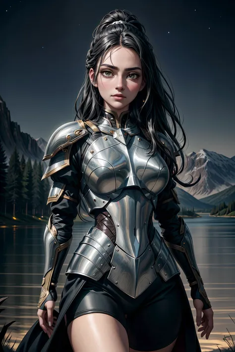 a woman in armor standing on a dock near a lake