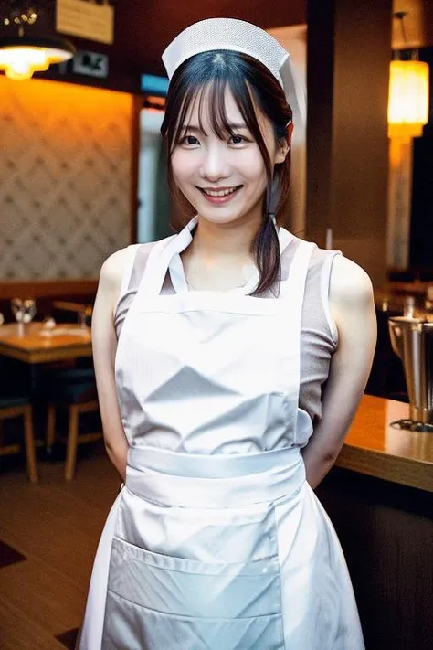 arafed woman in a white apron and hat standing in a restaurant