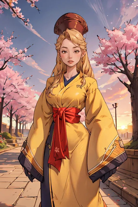 (masterpiece,best quality,absurdres),cowboy shot,sunset,cherry blossoms,dappled sunlight,1girl,MysticFFT, long hair, blonde hair, brown eyes, hat, yellow korean clothes, long sleeves, wide sleeves, red sash  <lora:FinalFantasy_FemaleMystic:1>