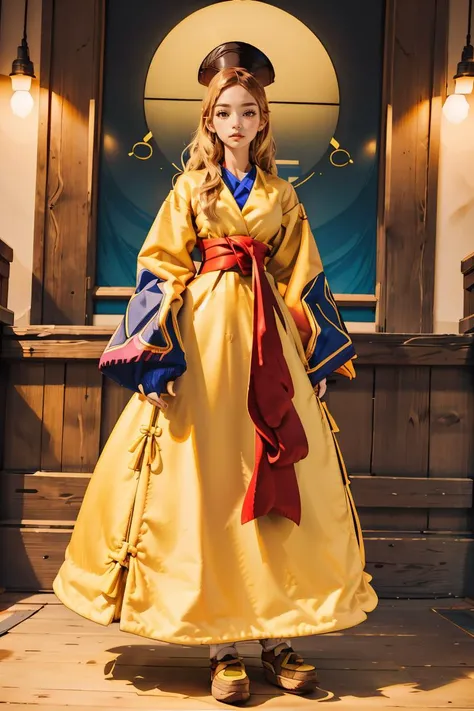 a woman in a yellow dress and red sash standing in front of a door