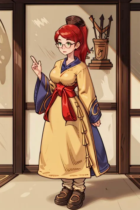 <lora:PAseer-SD15-LCM Quick:1>
<lora:Bandi:0.6> red hair, glasses, freckles, ponytail, side bangs, side_locks, sidelocks, green eyes, large breasts,
<lora:FinalFantasy_FemaleMystic:1> hat, yellow korean clothes, long sleeves, wide sleeves, red sash, shoes,