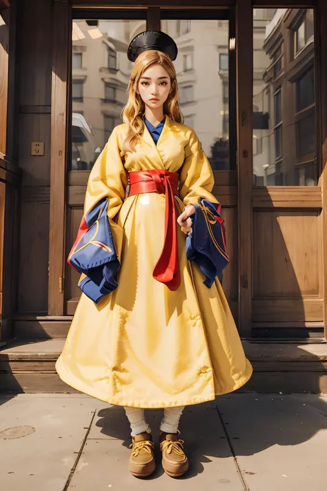 a woman in a yellow dress and a blue hat is standing outside