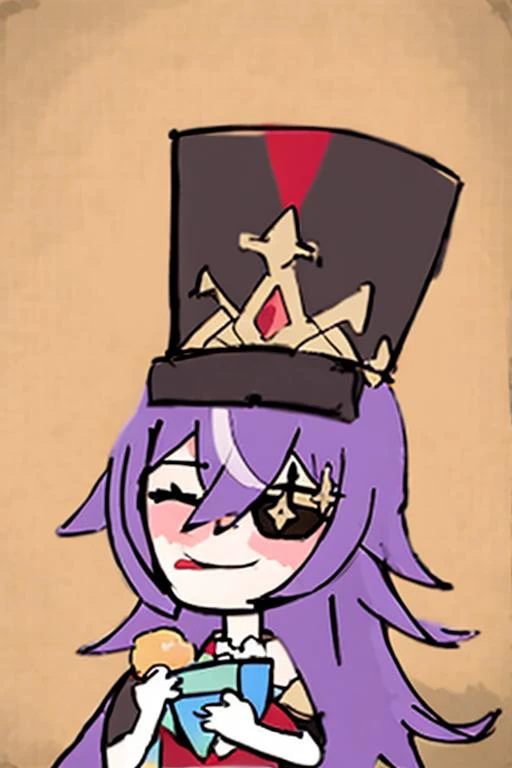 masterpiece, best quality,  <lora:chevreuse:1>,  <lora:jpd:1.2>,sketch,
1girl, purple hair, hat, eyepatch, solo, food, plate, long hair, closed eyes, gift, chibi, holding, food on face, eating, box, cake, bangs, multicolored hair, white hair, holding fork,...