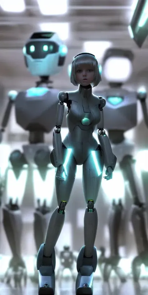 (a girl) , a few robots in the background