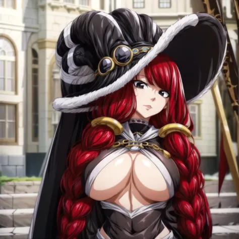 <lora:more_details:1>, <lora:IreneV2:0.8>,solo, irene, breasts, red hair, underboob, hat, long hair, witch hat, 1girl, braid, large breasts, twin braids, gloves, elbow gloves, black eyes, looking at viewer,(full body),