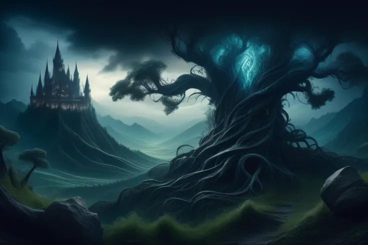 panoramic landscape, masterpiece, dark gothic horror, evil, corrupt, looking over the bowl of a valley, twisted deformed trees, malevolence, dark and beautiful, malignant forest with intricate twisted background, dramatic, oil black storm clouds, castle in...