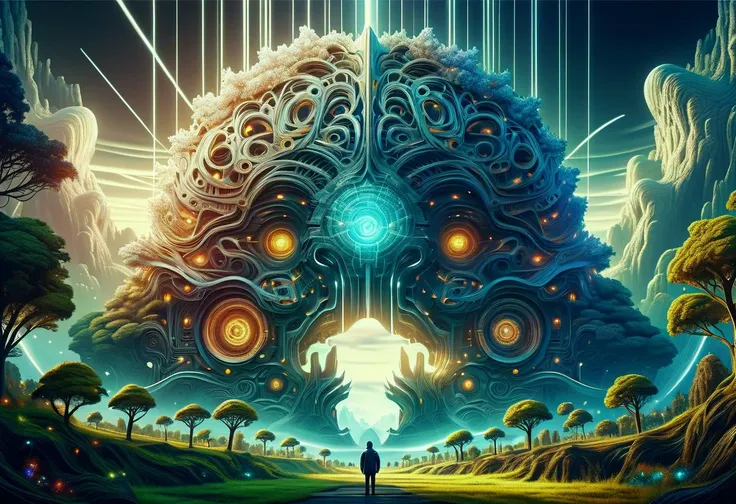 a man standing in front of a giant alien head in a field