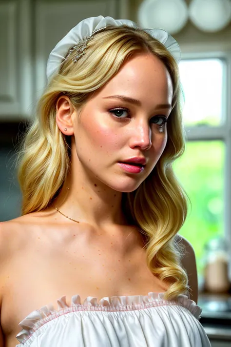 a up close photo of jenniferLaw1wearing a milk maid dress, (light pink milk maid dress), (upright pin curl hairstyle), (blonde hair), (kitchen background), elegant, highly detailed. vibrant, photorealistic, realistic, sharp focus, 8k