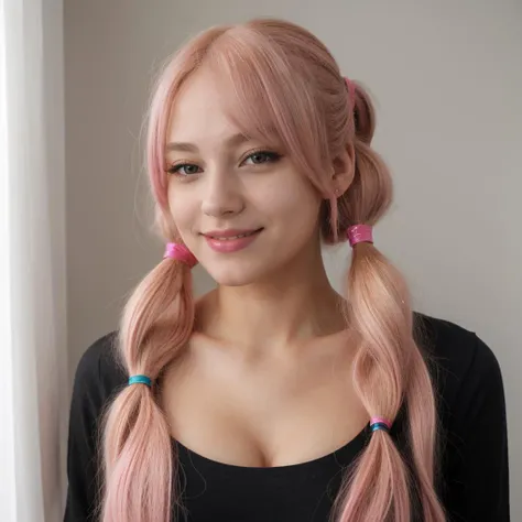 a close up of a woman with pink hair and a black top