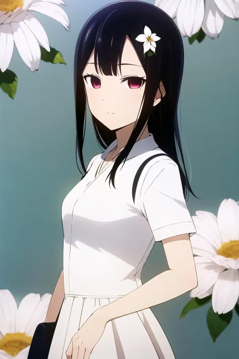 anime girl in white dress with flowers in background