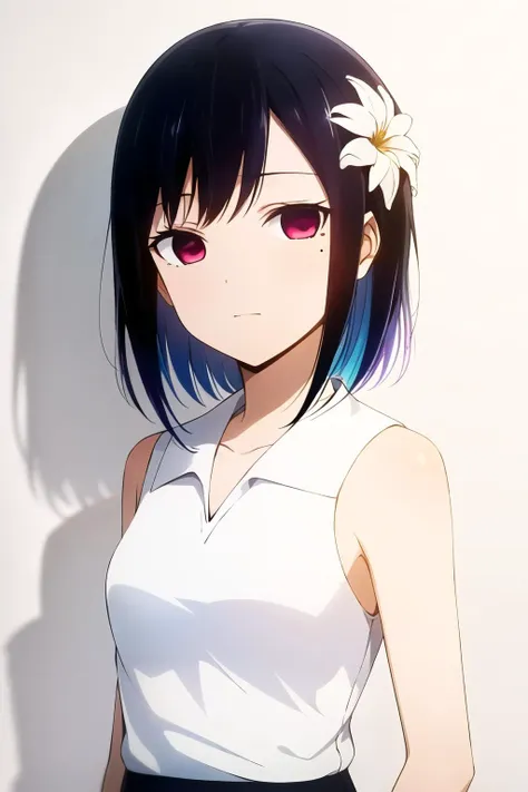 anime girl with blue hair and white shirt with flower in her hair