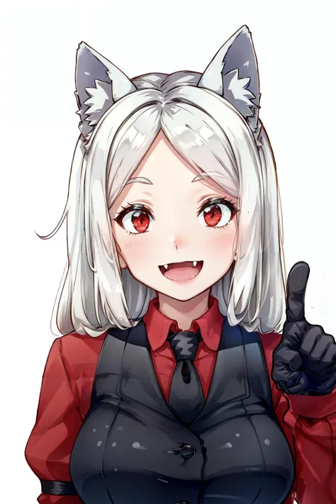 cerberus(helltaker), demon girl, waistcoat, upper body, white hair, shirt, dog ears, collared shirt, long sleeves, dog girl, black vest, 1girl, :d, red eyes, open mouth, red shirt, simple background, animal ears, long hair, necktie, black necktie, solo, sm...